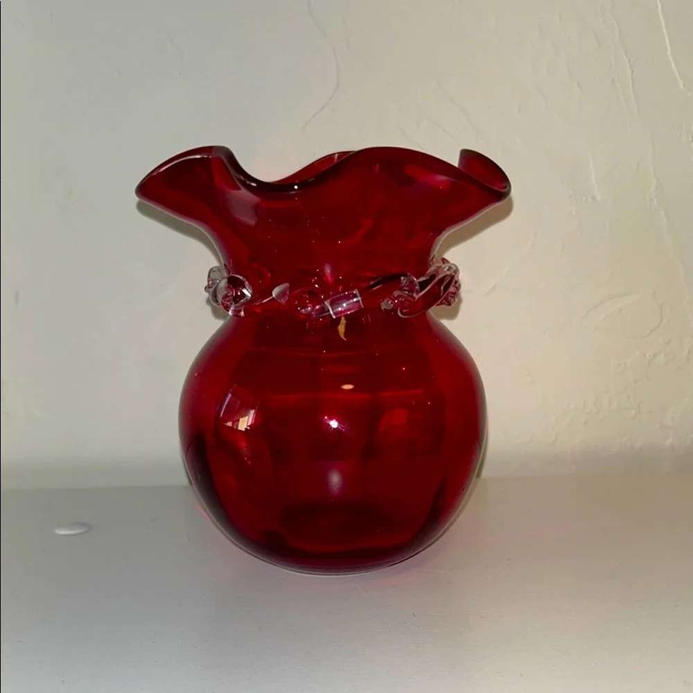 Viking Glass Ruby Red and Clear Ruffle Top Bud Glass Vase Marked